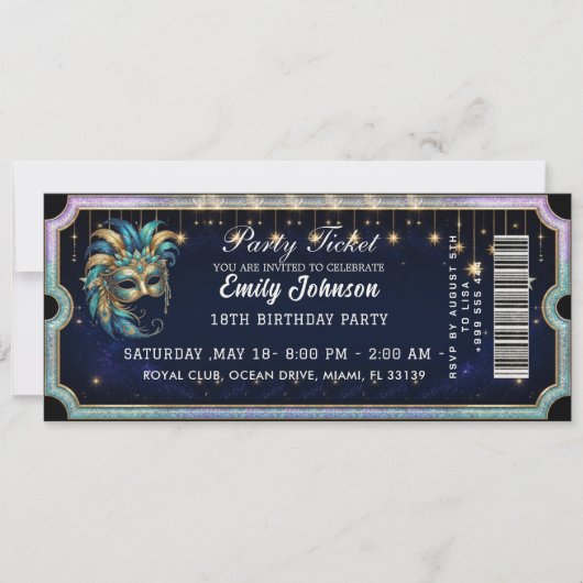 Masqueradefeesticket Verjaardagsuitnodiging Goud Kaart (Voorkant)