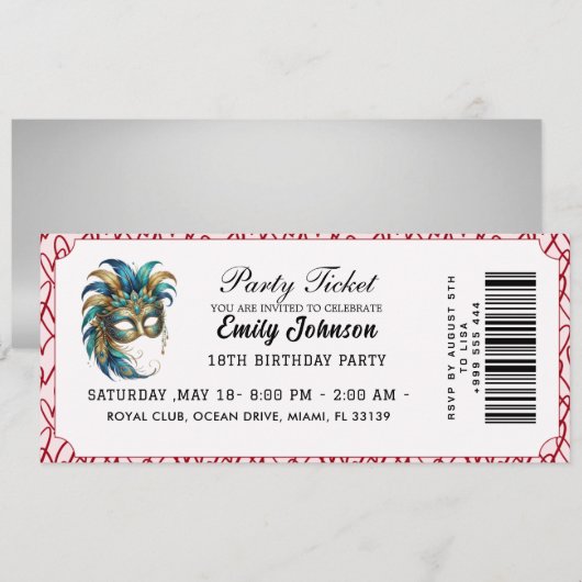 Masqueradefeesticket Verjaardagsuitnodiging Goud Kaart (Voorkant / Achterkant)