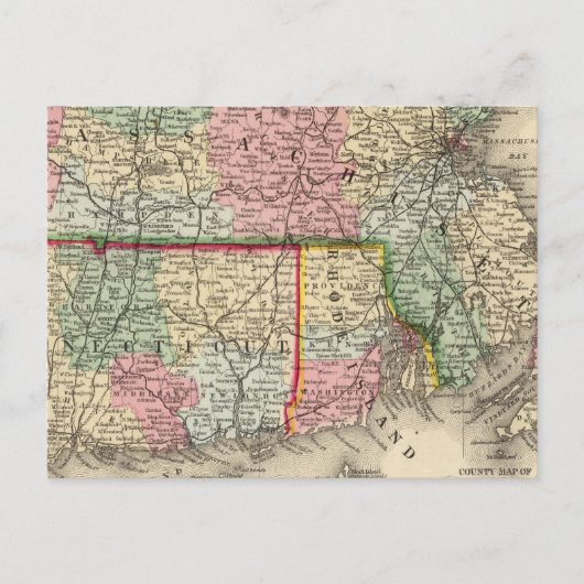 Massa, Conn, RI Map door Mitchell Briefkaart (Voorkant)