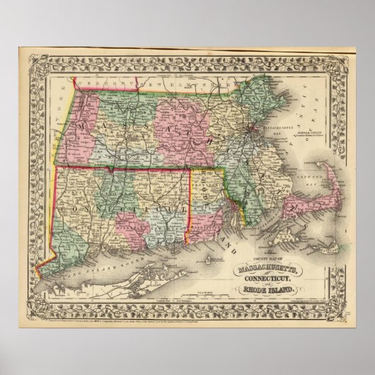 Massa, Conn, RI Map door Mitchell Poster (Voorkant)