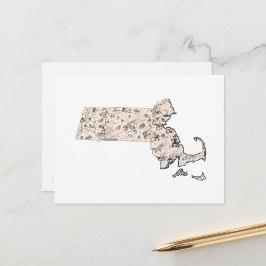 Massachusetts  Afbeelding Map Antiek Briefkaart (Voorkant / Achterkant in situ)