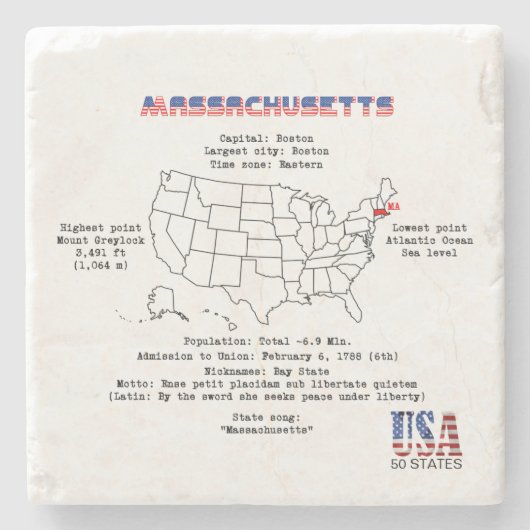 Massachusetts American state on a map and details Stenen Onderzetter (Voorkant)