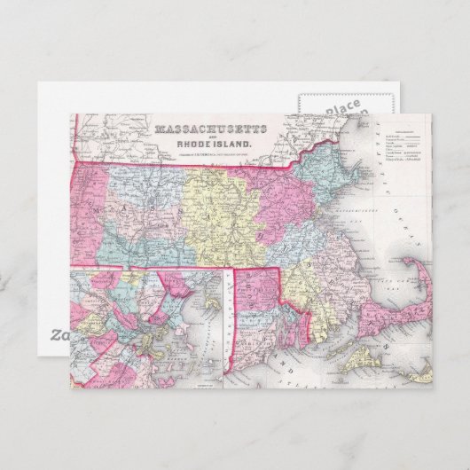  Massachusetts and Rhode Island Map (1855) Briefkaart (Voorkant / Achterkant)