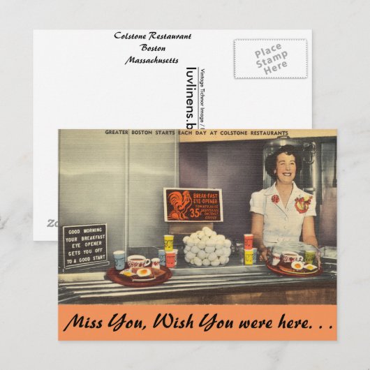 Massachusetts, Colstone Restaurant, Boston Briefkaart (Voorkant / Achterkant)