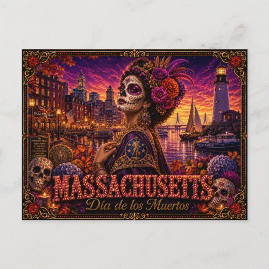 Massachusetts Día de los Muertos Retro Briefkaart (Voorkant)