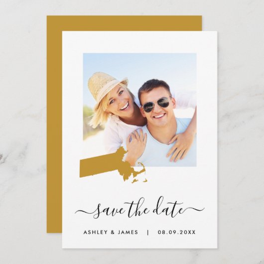 Massachusetts Map bruiloft met foto's opslaan Datu Save The Date (Voorkant / Achterkant)