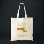 Massachusetts Map Wedding Welcome Bag Tas, Gold Tote Bag<br><div class="desc">Het weekend van de bruiloft heet cadeautas voor gasten uit de stad voor je bruiloft,  met afbeelding van Massachusetts,  met hart dat je op de precieze locatie kunt plaatsen. Vul tas met je favoriete godies.</div>
