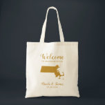 Massachusetts Map Wedding Welcome Bag Tas, Gold Tote Bag<br><div class="desc">Het weekend van de bruiloft heet cadeautas voor gasten uit de stad voor je bruiloft,  met afbeelding van Massachusetts,  met hart dat je op de precieze locatie kunt plaatsen. Vul tas met je favoriete godies.</div>