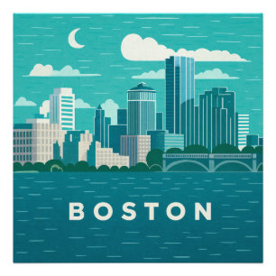 Massachusetts Nachtelijke Stadsgezicht Boston St Foto Afdruk