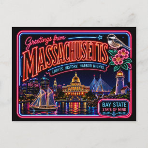 Massachusetts Neon Staat Retro Vintage Briefkaart