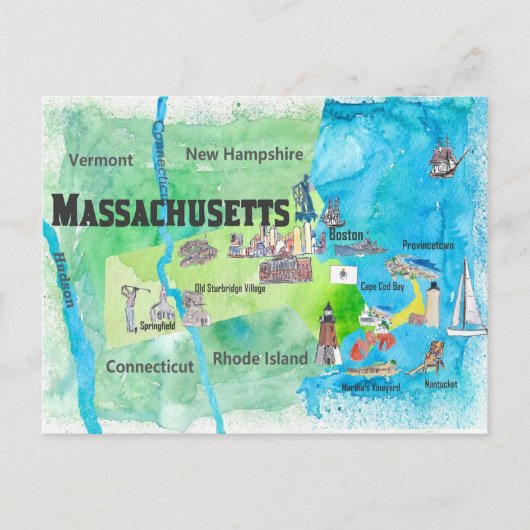 Massachusetts Reisplattegrond Briefkaart (Voorkant)
