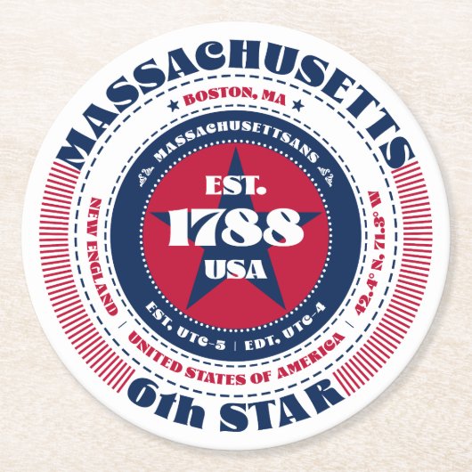 Massachusetts Rood Wit Blauw Typografie Ronde Kartonnen Onderzetter (Voorkant)