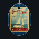 Massachusetts Sailboat Vintage Travel Keramisch Ornament<br><div class="desc">This Greetings From Massachusetts vintage nautical design features a boat sailing on the water with seagulls and a blue sky filled with gorgeous puffy white clouds.</div>
