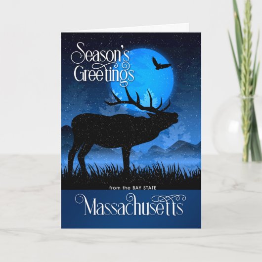 Massachusetts Season's Greetings Blue Moose Feestdagen Kaart (Voorkant)