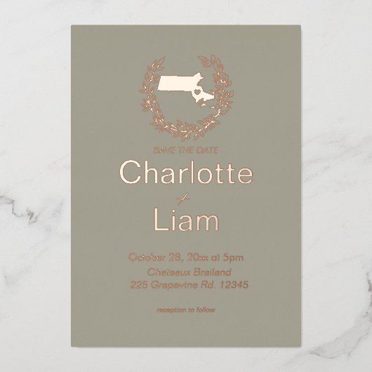 Massachusetts State Destination Wedding Folie Uitnodiging (Voorkant)