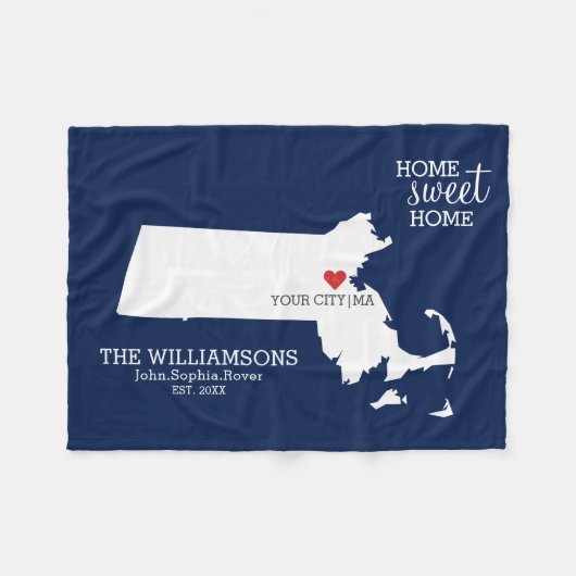 Massachusetts State Map Aangepaste namen, Stad, Kl Fleece Deken (Voorkant (Horizontaal))