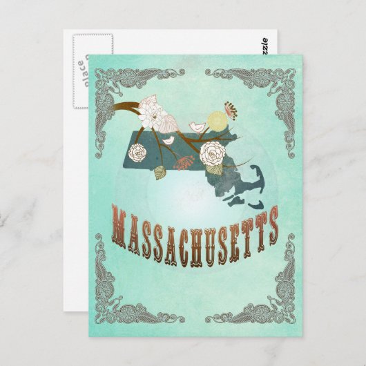  Massachusetts State Map - Turquoise Blauw Briefkaart (Voorkant / Achterkant)