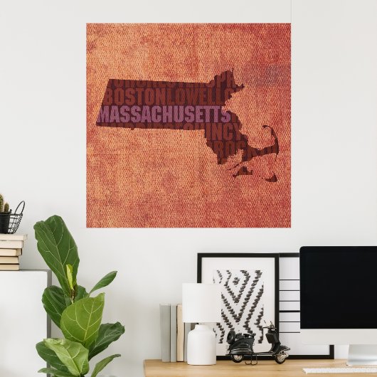 Massachusetts State Outline Word Map op Canvas Poster (Thuiskantoor)