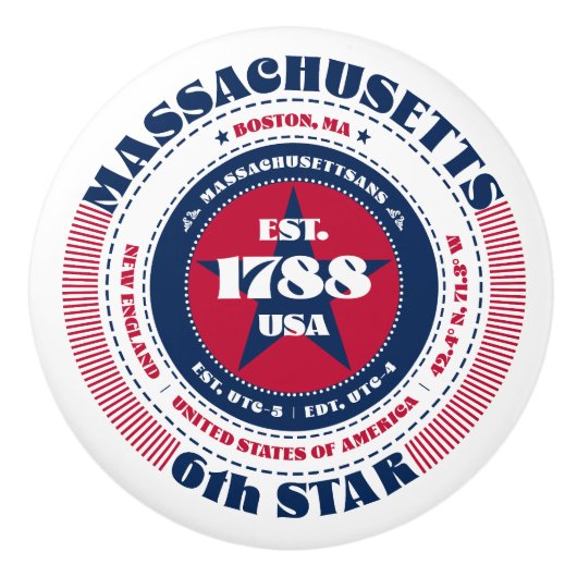 Massachusetts US State Rood Wit Blauw Typografie Keramische Knop (Voorkant)