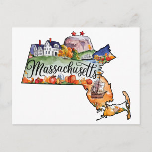 Massachusetts USA Staat Vorm Oude Waterverf Briefkaart