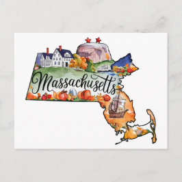 Massachusetts USA State Shaped Vintage Watercolor Briefkaart