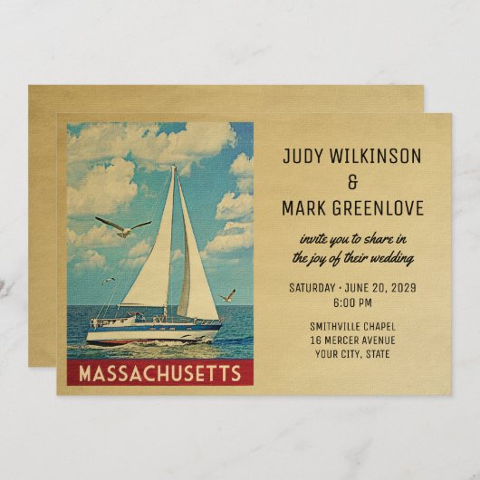 Massachusetts Wedding Invitation Sailboat Kaart (Voorkant / Achterkant)