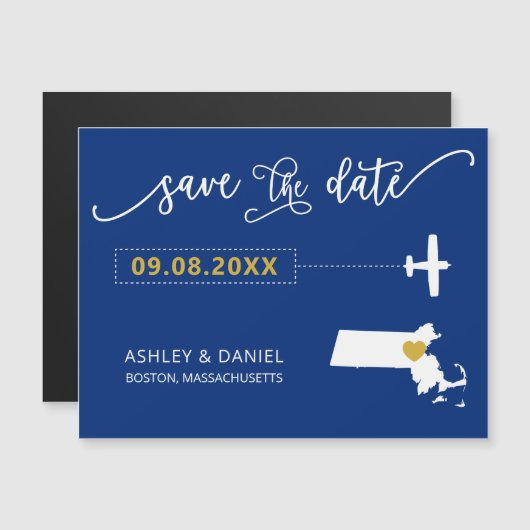 Massachusetts Wedding Save the Date Kaart, Map Magnetische Uitnodiging (Voorkant / Achterkant)