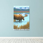 MassachusettsMoose Drink in Lake Canvas Afdruk (Insitu (Houten vloer))