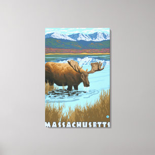 MassachusettsMoose Drink in Lake Canvas Afdruk