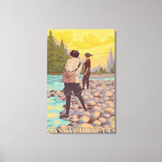 MassachusettsWomen Fly Fishing Scene Canvas Afdruk (Voorkant)