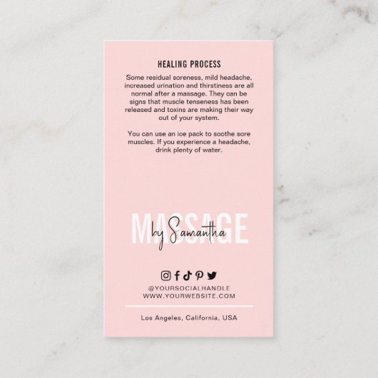 Massage Care Instructies Vrouwelijk Roze Masseuse Visitekaartje (Achterkant)