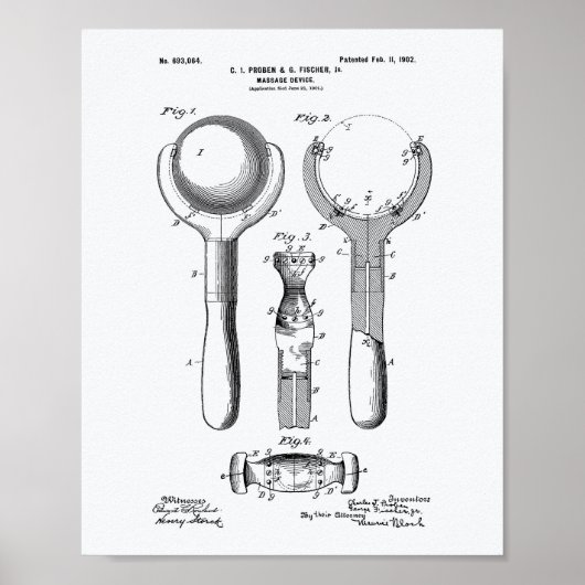 Massage Device 1902 Patent Art White Paper Poster (Voorkant)