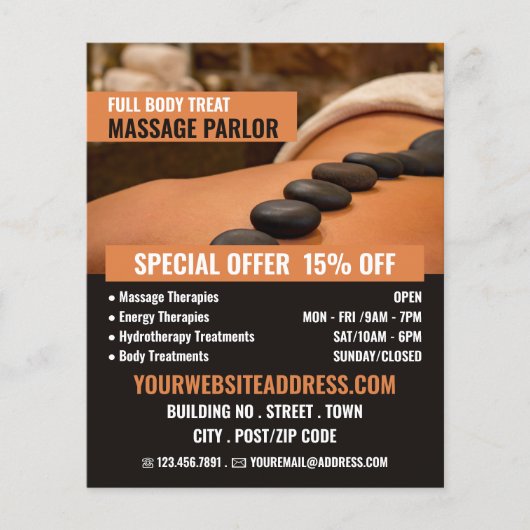 Massage met warme steen, massageparlor flyer (Voorkant)