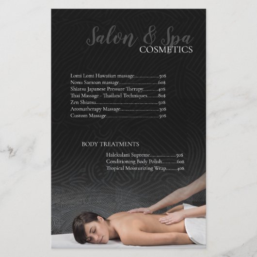 Massage Salon Beauty Cosmetics & Spa Price List (Voorkant)