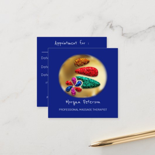 Massage Spa Wellness Flower Gold Logo Stone Navy Afsprakenkaartje (Voorkant / Achterkant in situ)