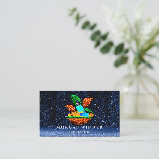 Massage Spa Wellness Glitter Logo Lotus Navy Afsprakenkaartje (Staand voorkant)