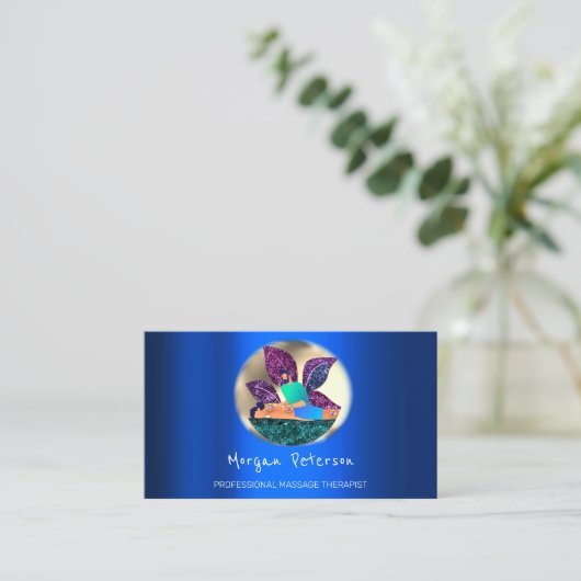 Massage Spa Wellness Golden Logo Lotus Blue Afsprakenkaartje (Staand voorkant)