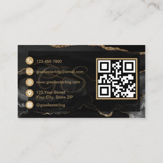 Massage Therapeut Artiest QR Code Zwart Goud Agaat Visitekaartje (Achterkant)