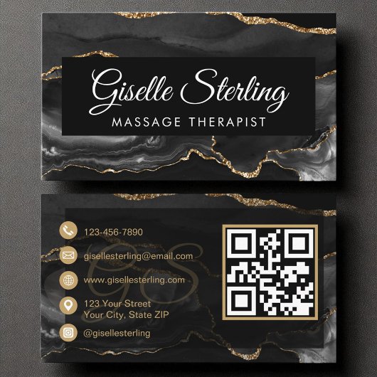 Massage Therapeut Artiest QR Code Zwart Goud Agaat Visitekaartje