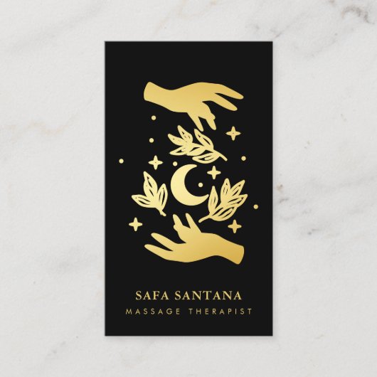 Massage Therapeut Spa Healing Handen Zwart en Goud Visitekaartje (Voorkant)