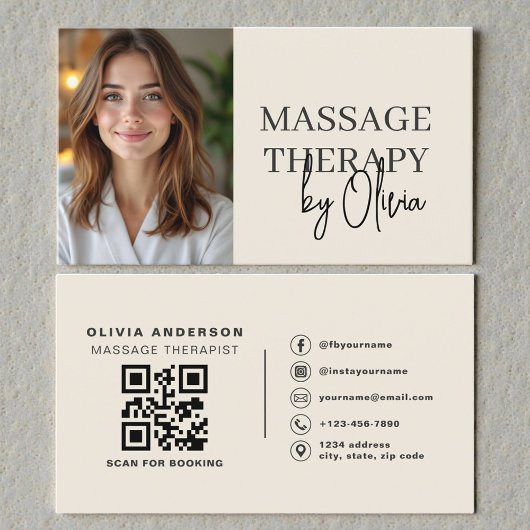 Massage Therapist Neutral Beige Photo QR Code Visitekaartje