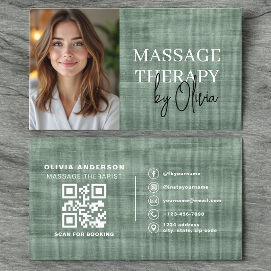 Massage Therapist Photo Linen Sage Green Visitekaartje