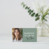Massage Therapist Photo Linen Sage Green Visitekaartje (Staand voorkant)