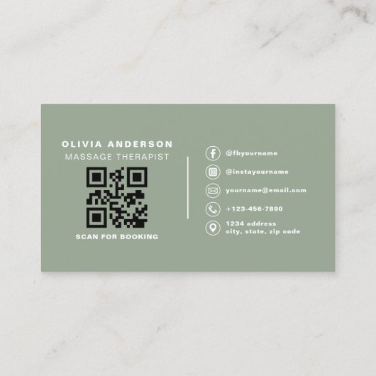 Massage Therapist QR Code Sage Green Photo Visitekaartje (Achterkant)
