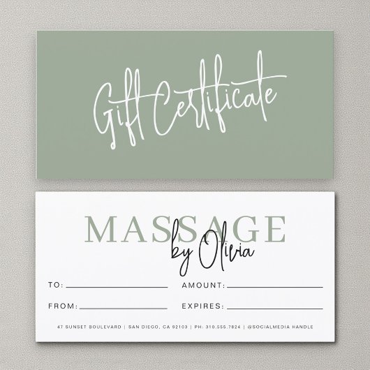 Massage Therapist Sage Green Gift Certificates