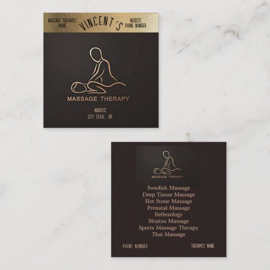 Massage Therapy Gold & Black Business Card Vierkante Visitekaartje (Voorkant / Achterkant)