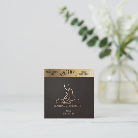 Massage Therapy Gold & Black Business Card Vierkante Visitekaartje (Staand voorkant)