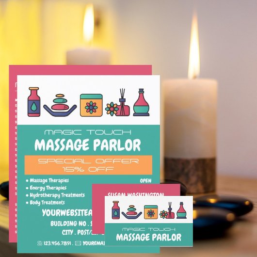 Massagepictogrammen, Massage Therapie, Massagesalo Flyer