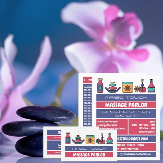 Massagepictogrammen, massagetherapie, massageparlo flyer