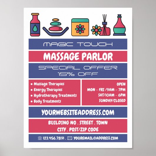 Massagepictogrammen, massagetherapie, massageparlo poster (Voorkant)